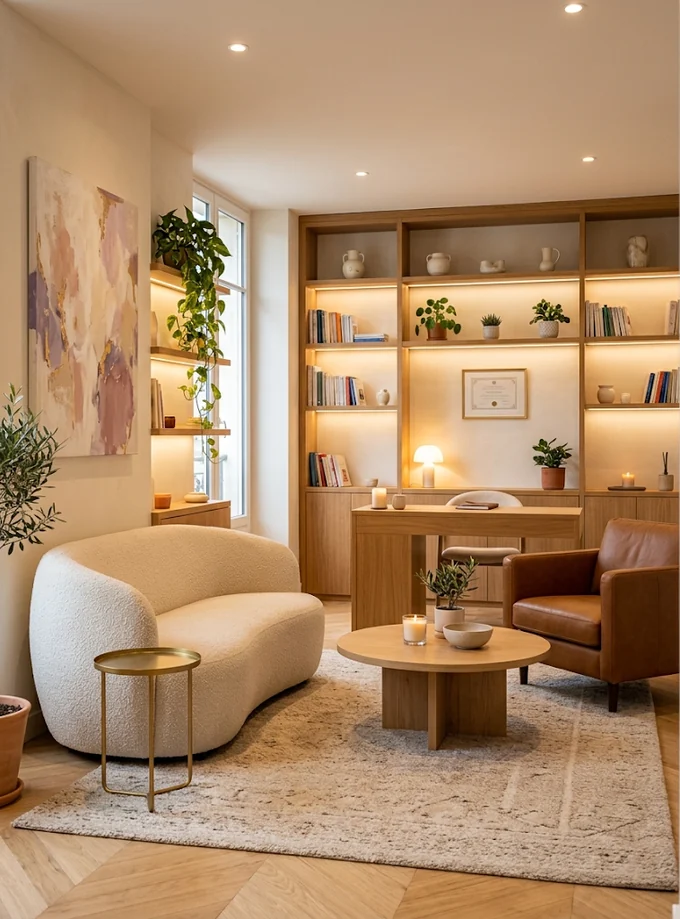 Illustration d'un cabinet de sophrologie contemporain et lumineux (image générée par IA)