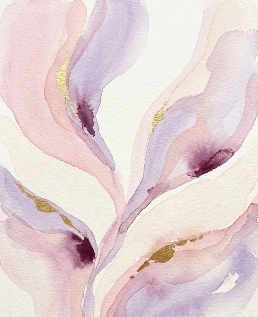 Aquarelle abstraite aux tons rose poudré, lilas et or