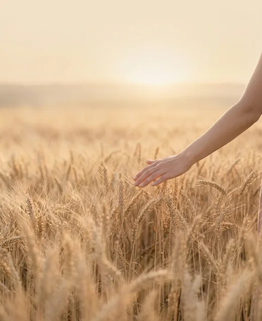 Main de femme effleurant des épis de blé dans la lumière dorée du soir