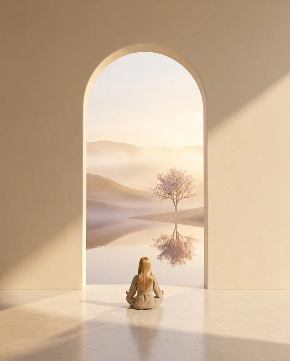 Silhouette en méditation devant une arche ouvrant sur un paysage brumeux
