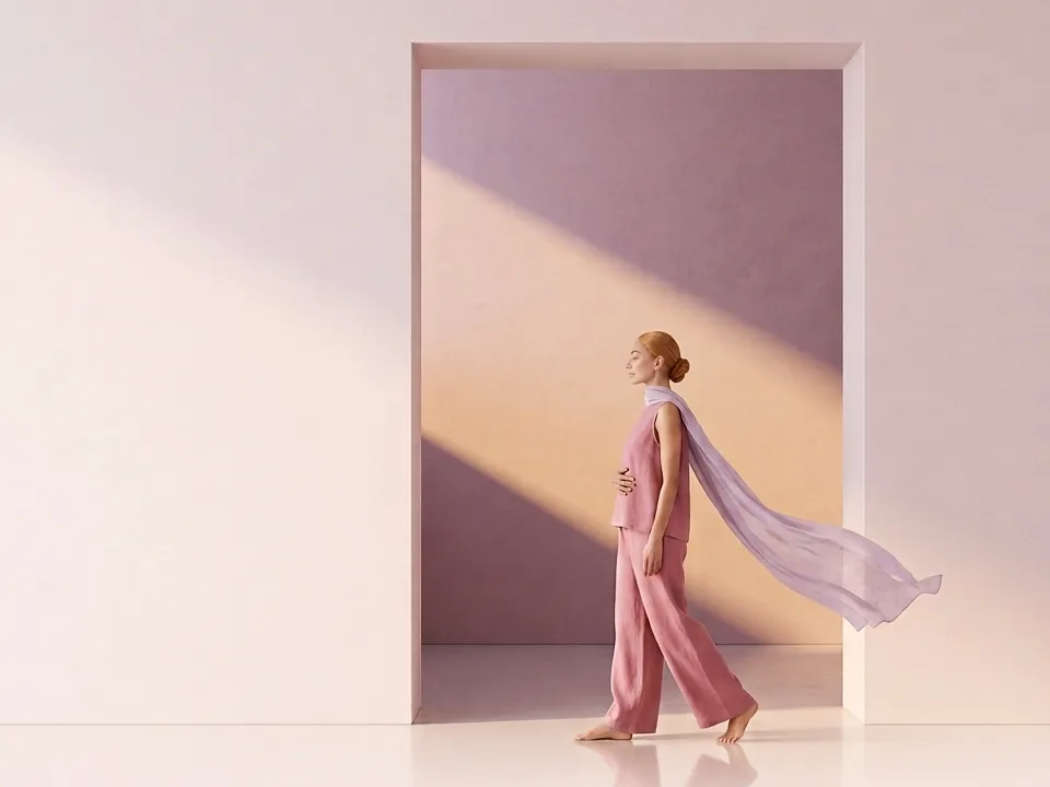 Une femme blonde marche calmement dans une embrasure lumineuse, la main sur le ventre, une écharpe légère flottant derrière elle : l'alliance du corps, du souffle et de l'esprit